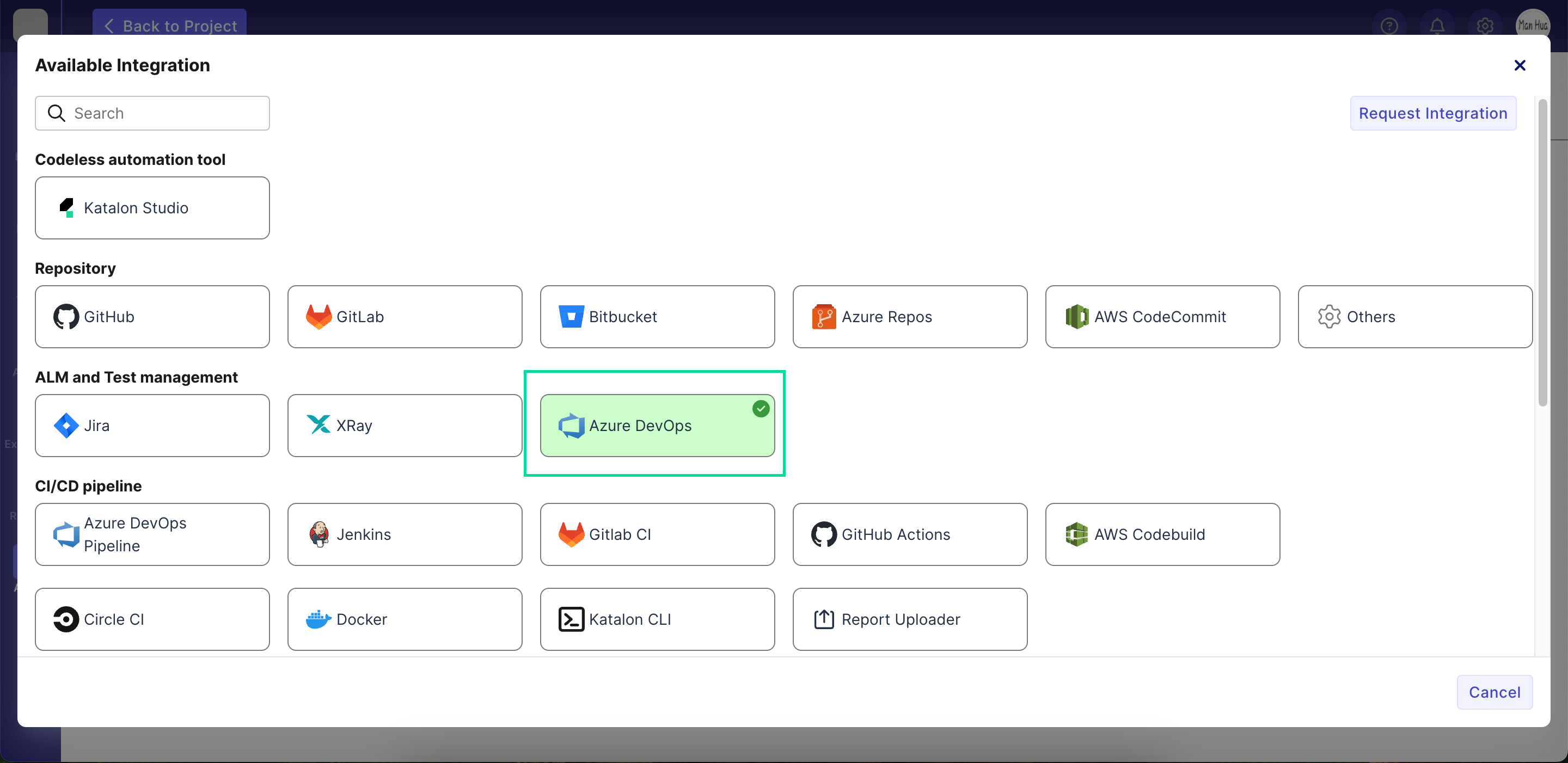 The Azure DevOps integration in Katalon TestOps.